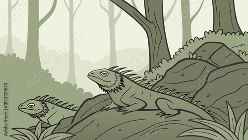Two iguanas resting on rocks within a forest landscape with trees and foliage in monochrome style