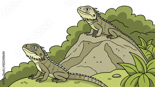 Two water dragons resting on a rock surrounded by lush green foliage in a natural habitat scene