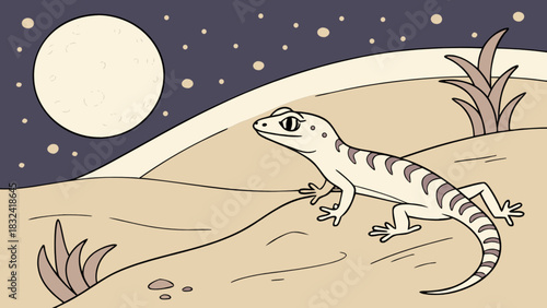 A lizard in a desert landscape under a full moon with stars in the night sky illustration