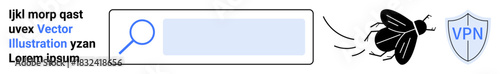 Cybersecurity, online privacy, malware detection, search protection, digital security, virtual networks. A bug flying from a search bar toward a VPN shield. Cybersecurity and online privacy concept