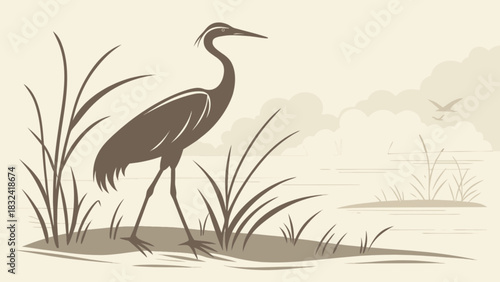 Illustration of a heron standing in tall grass near a body of water with birds in the distance