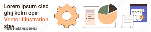 Business strategy, data analysis, finance tracking, invoice management, productivity, digital tools. Gear, pie chart and documents on white background. Business strategy and data analysis concept