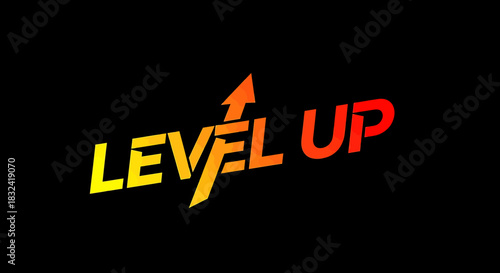 Dynamic 'Level Up' text design conveying advancement and achievement in gaming and personal growth