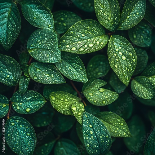 Textured green leaves with abundant water droplets Image