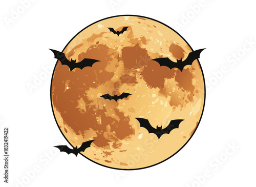 Spooky Halloween Night Sky with a Large Full Moon and Silhouetted Bats Flying Around the Orange Lunar Orb Under a Starless Black Sky