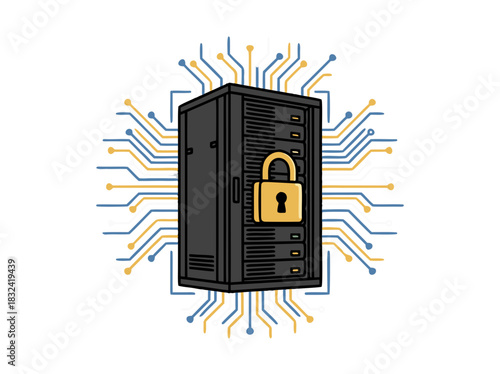 Secure Server Rack With Golden Padlock And Circuit Board Pattern On Black Background Digital Art