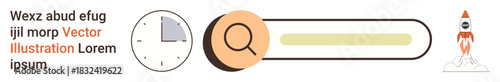 Search engines, web design, navigation tools, startup concepts, time management, innovation. Includes magnifying glass, clock text placeholder and rocket icon. Search engines and startup concepts
