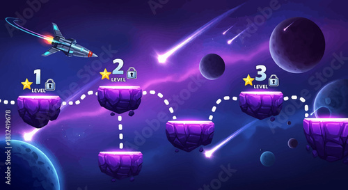A futuristic video game level map with a rocketship navigating a cosmic path through a vibrant purple galaxy