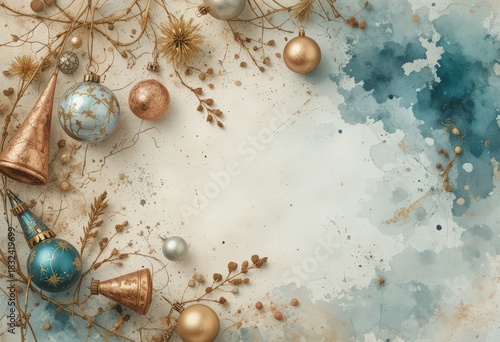 Elegant Christmas Ornaments Border with Vintage Gold and Teal Baubles on Watercolor Background  with Copy Space
