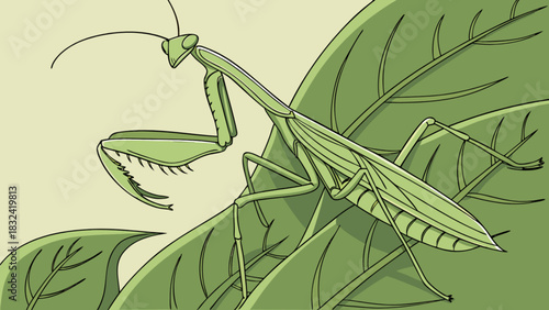 Illustration of a praying mantis perched on a green leaf with detailed leaf venation and light background