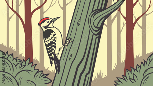 Illustration of a woodpecker clinging to a tree trunk in a forest with dense undergrowth below it