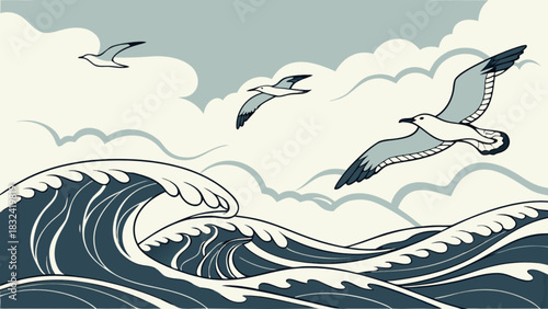 Illustration of ocean waves with seagulls flying above against a cloudy sky in a cartoon style