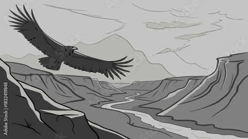 Illustration of an eagle soaring over a canyon with a river flowing through it under a cloudy sky view