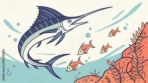 Illustration of a large marlin fish swimming with smaller fish near coral and bubbles underwater scene