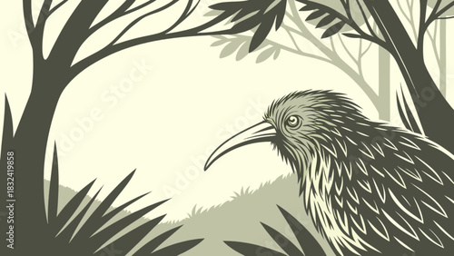Illustration of a kiwi bird amidst trees and foliage in a stylized monochrome forest setting scene
