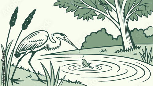 Illustration of a heron about to catch a fish in a pond near cattails and a tree with bushes behind