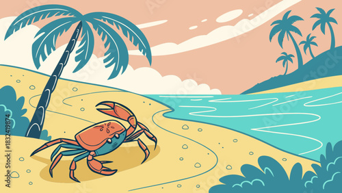 A crab on a sandy beach with palm trees and a pink sky in a cartoon style illustration scene view