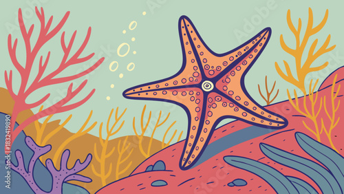 A starfish resting on the seabed among coral and seaweed in a colorful underwater scene illustration