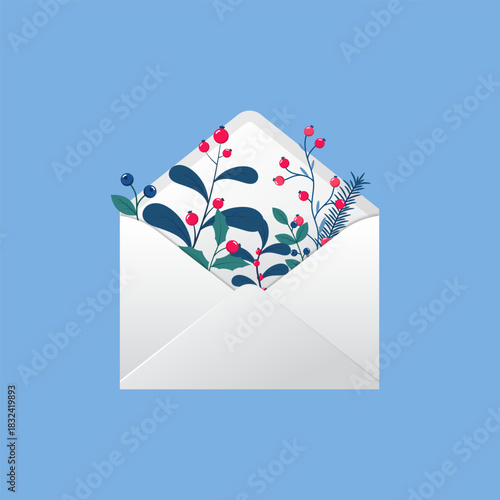 Winter holiday greeting card. Open envelope with leaves and berries. Envelope with branches and red berries. Winter plants