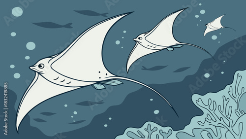 Illustration of three stingrays swimming in the ocean with coral and other fish in the background scene