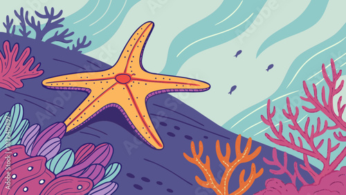 Illustration showing a starfish on a seabed with coral reefs and small fish swimming in the background
