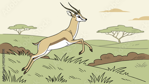 Cartoon gazelle leaping gracefully across the african savanna with trees and clouds in the background
