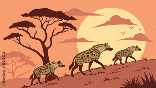Hyenas walking on a hill during sunset with trees and birds in a warm color african landscape scene