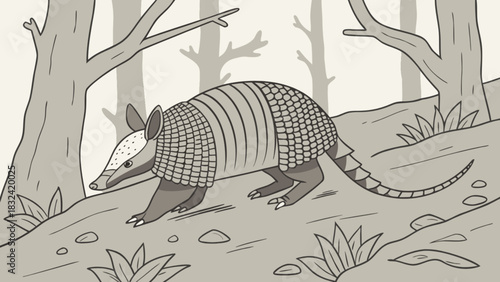 Armadillo walking through a wooded area with trees and foliage in a cartoon style illustration art