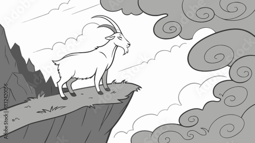 Illustration of a goat standing on a cliff overlooking a cloudy sky in grayscale tones and simple lines