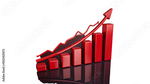 Red growing bar chart with upward arrow showing business growth and financial progress on white background
