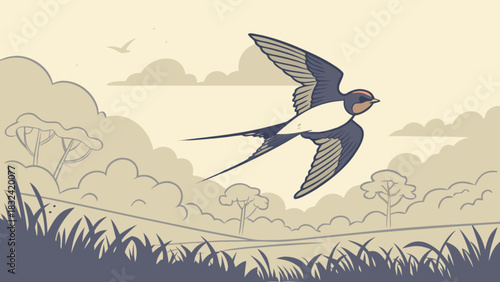 A swallow bird flying over a grassy field with trees and clouds in the background on a sunny day scene