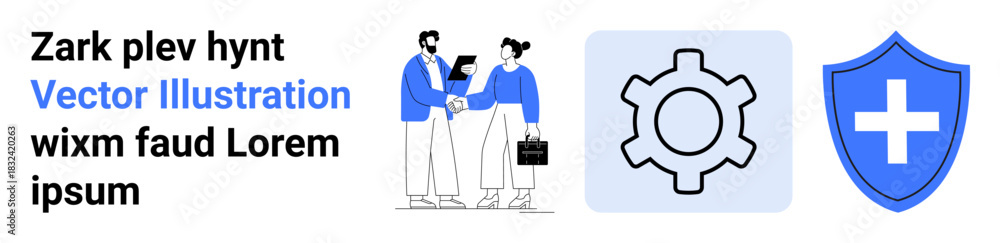 Fototapeta premium Two professionals shaking hands, setting symbol representing configuration, and shield icon symbolizing security and trust. Ideal for teamwork, business agreement, collaboration, security