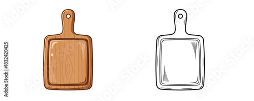 Doodle style illustration of a wooden kitchen cutting chopping board in brown colors next to a black and white outline for coloring book activity