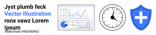 Dashboard with charts, pie graphs, and line graphs, clock face, blue shield with cross icon. Ideal for analytics, report, time management, healthcare security business simple landing page