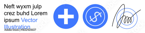 Healthcare, finance, authentication, digital services, money management, official documents. Two blue circles with a cross and dollar icon, alongside a handwritten signature. Healthcare and finance