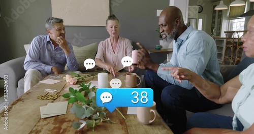 Four adults passing cards on table crafting as sequence progressing with chat-bubble counter rising