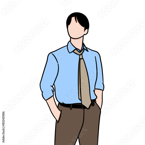 Vector illustration of a handsome CEO wearing a bright blue shirt with his hands in his pockets. The painting is inspired by a scene from a popular Korean drama.