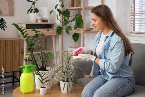 Young woman wiping dust fro...