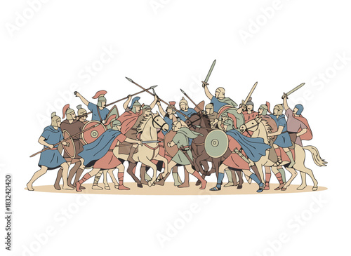 Ancient Battle Scene with Warriors on Horseback and Foot Engaged in Combat with Spears Swords and Shields on a Dark Background Stylized Illustration