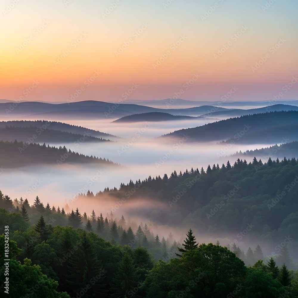 Fototapeta premium Misty Mountain Sunrise Over Forested Peaks.