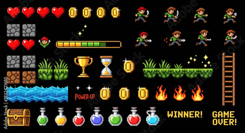A set of retro 8-bit pixel art video game elements including a character sprite, icons, and platformer tiles