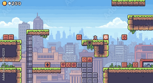 Pixelated Cityscape Platformer Level Design with Buildings and Obstacles