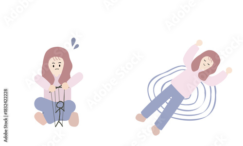 一生懸命コントロールしようとする女性とすべてをゆだねて力を抜いている女性の対比イラスト