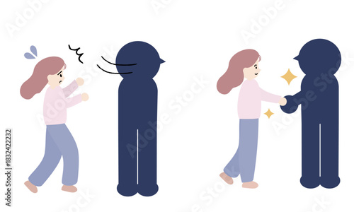 急に人に裏切られた女性と、人と信頼関係を築く女性の対比イラスト