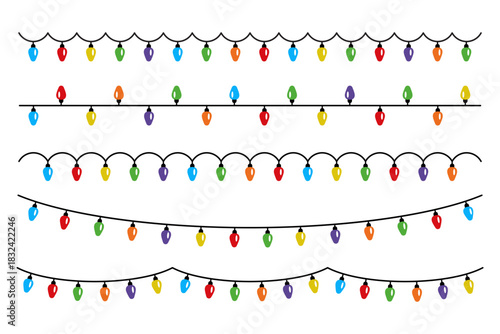Set of simple colorful string light bulb garland in flat style. Vector design of Christmas lights borders. Holiday decorative element for xmas and birthday greeting cards, invitations, banners, poster