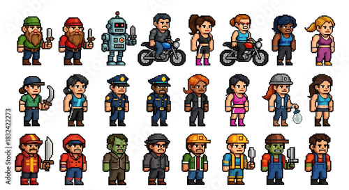 A diverse set of retro pixel art character sprites for video game development and creative avatar projects