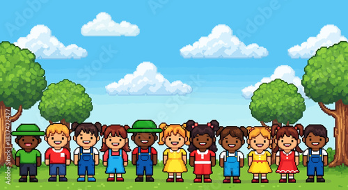 Joyful group of diverse cartoon kids in a line, a vibrant pixel art scene representing unity and childhood