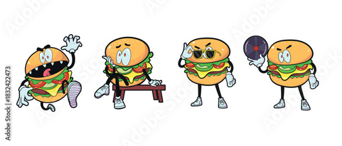 Wacky lowbrow burger characters in bold expressive poses with playful surreal charm ideal for merchandise sticker packs apparel prints branding fun food themes and creative illustration projects