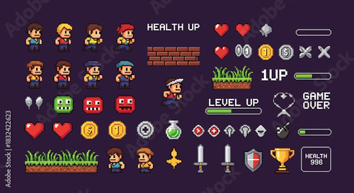 Pixelated Game Assets Character Sprites, Power-Ups, and Environment Elements for Retro Gaming