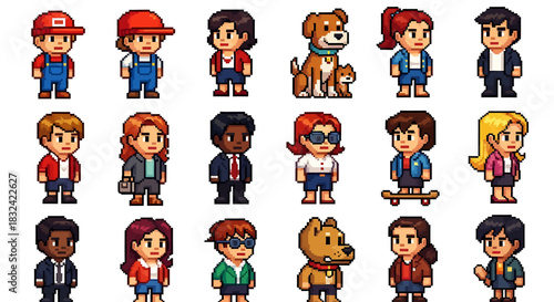 Collection of Pixel Art Characters Diverse People, Professions, and Fun Outfits for Design Projects